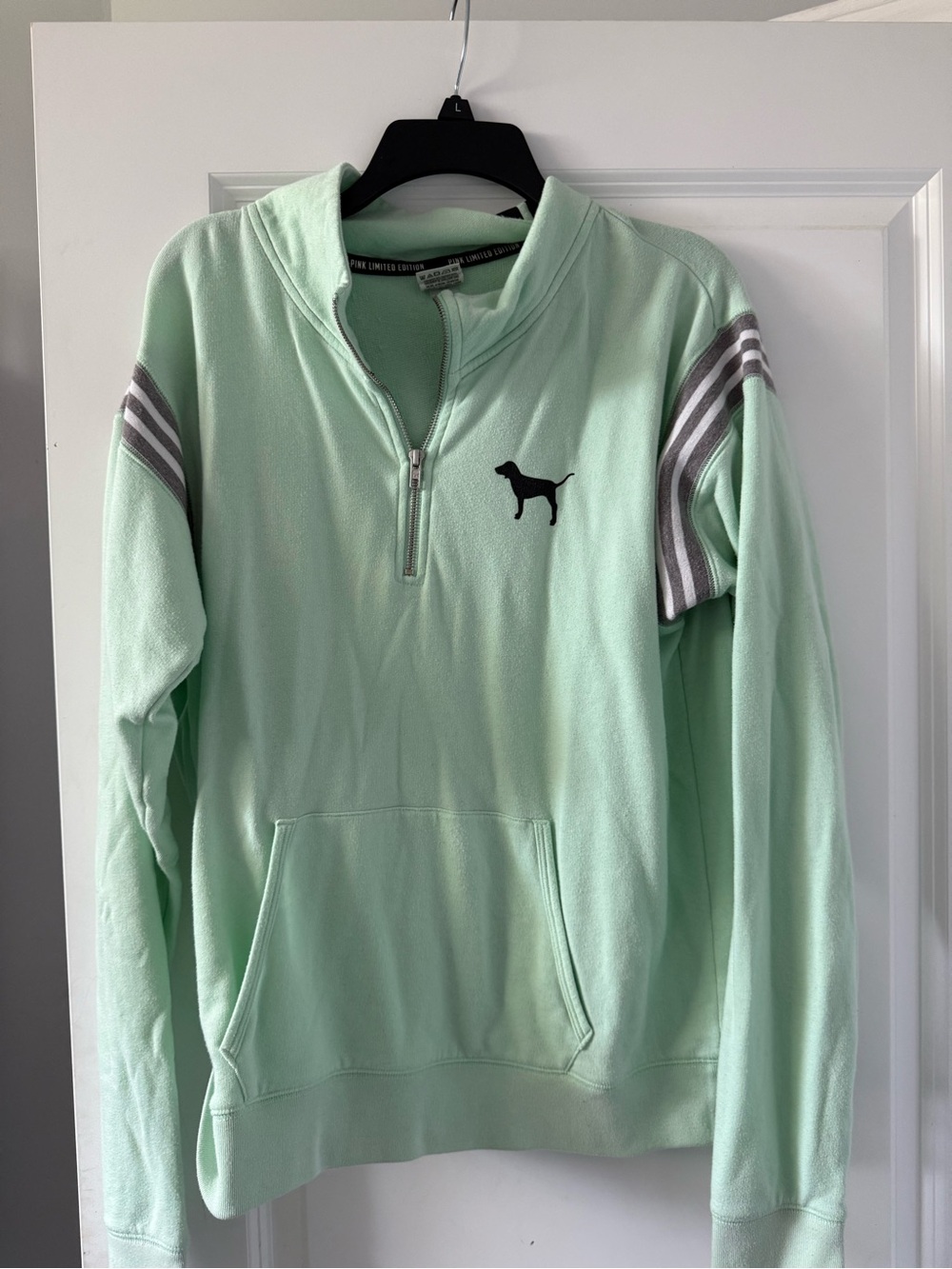 Victoria's Secret PINK Mint Green Half-Zip Pullover with Gray Stripe Accents